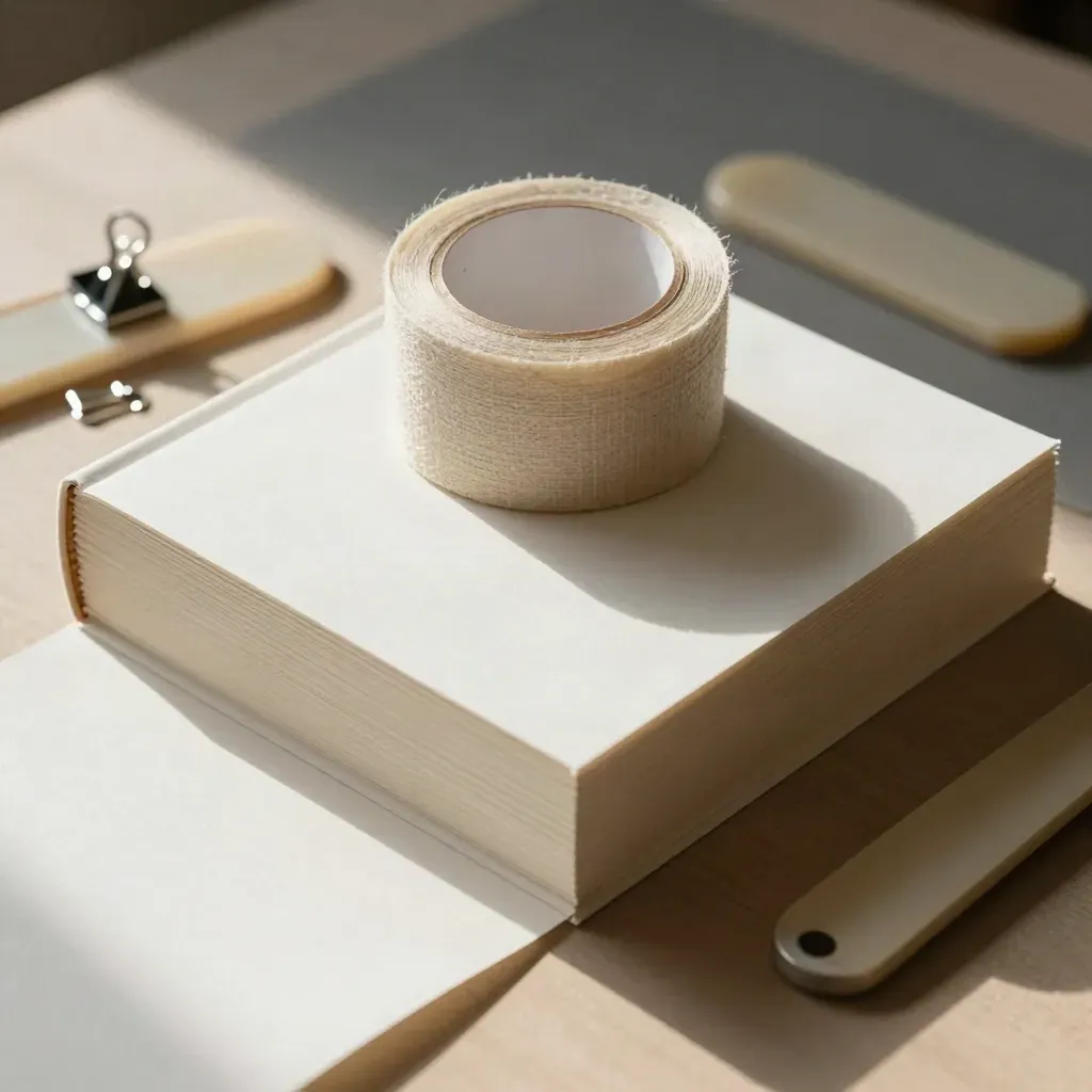 Bookbinding tools and a dummy book block on pale wood, lit from above left.