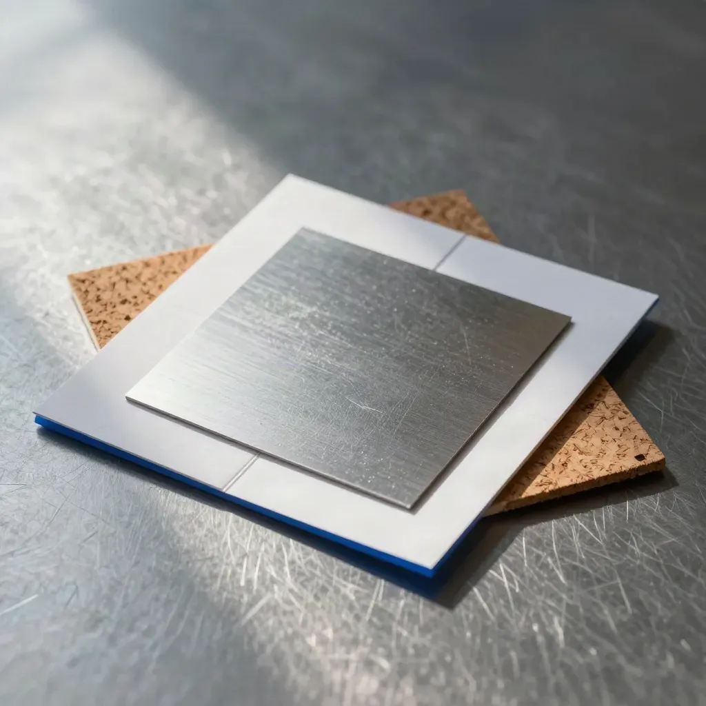Foamcore mockups, aluminium swatches and cork samples on brushed metal in soft daylight.