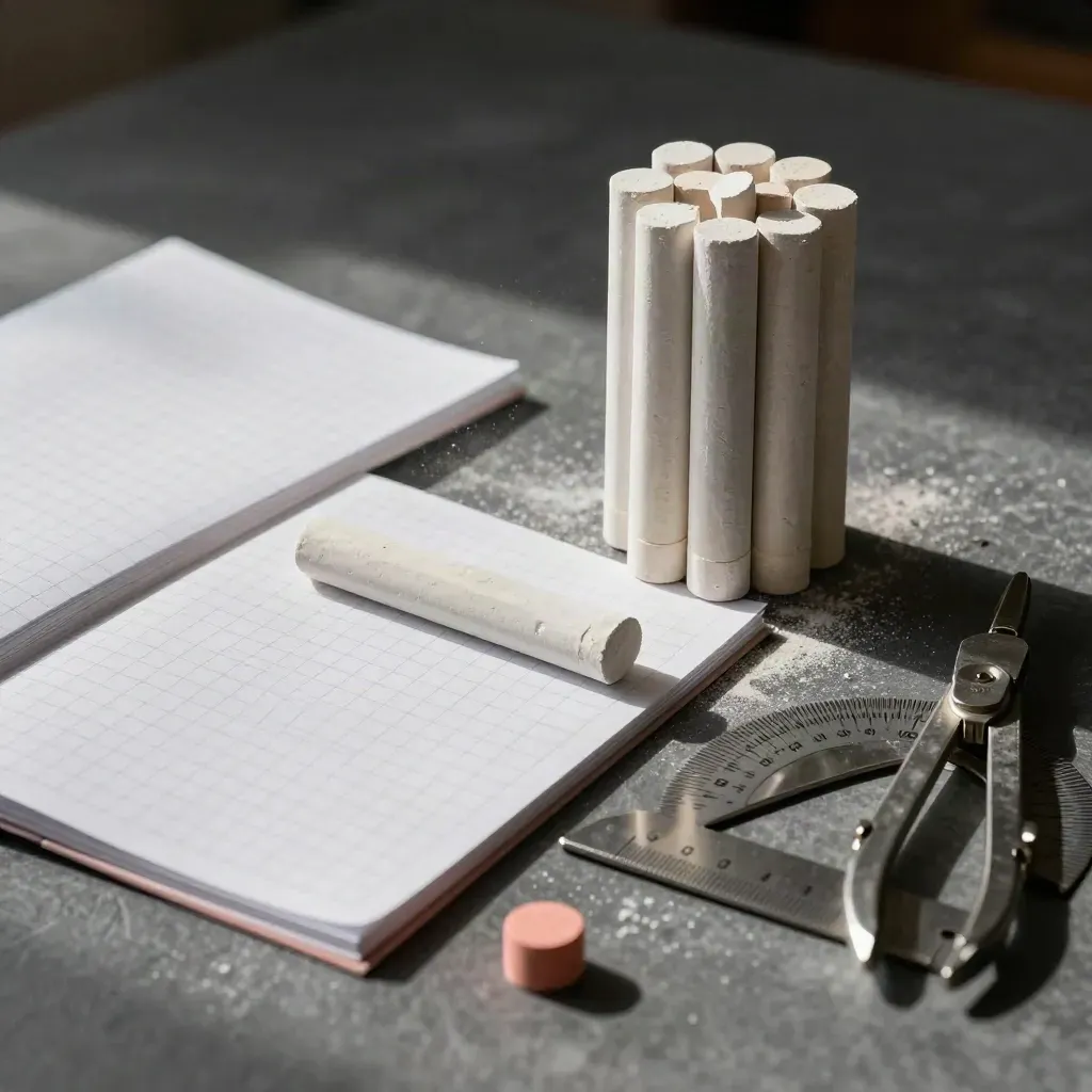 Chalk sticks, slate duster, graph pads and steel geometry tools on a slate work surface.