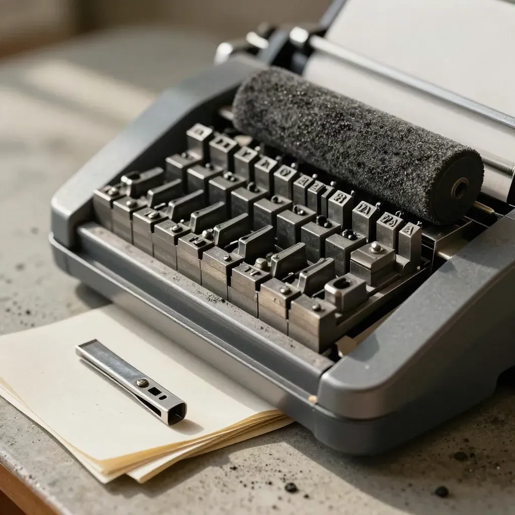 Metal type blocks with an ink brayer and proof sheets on a concrete press bed