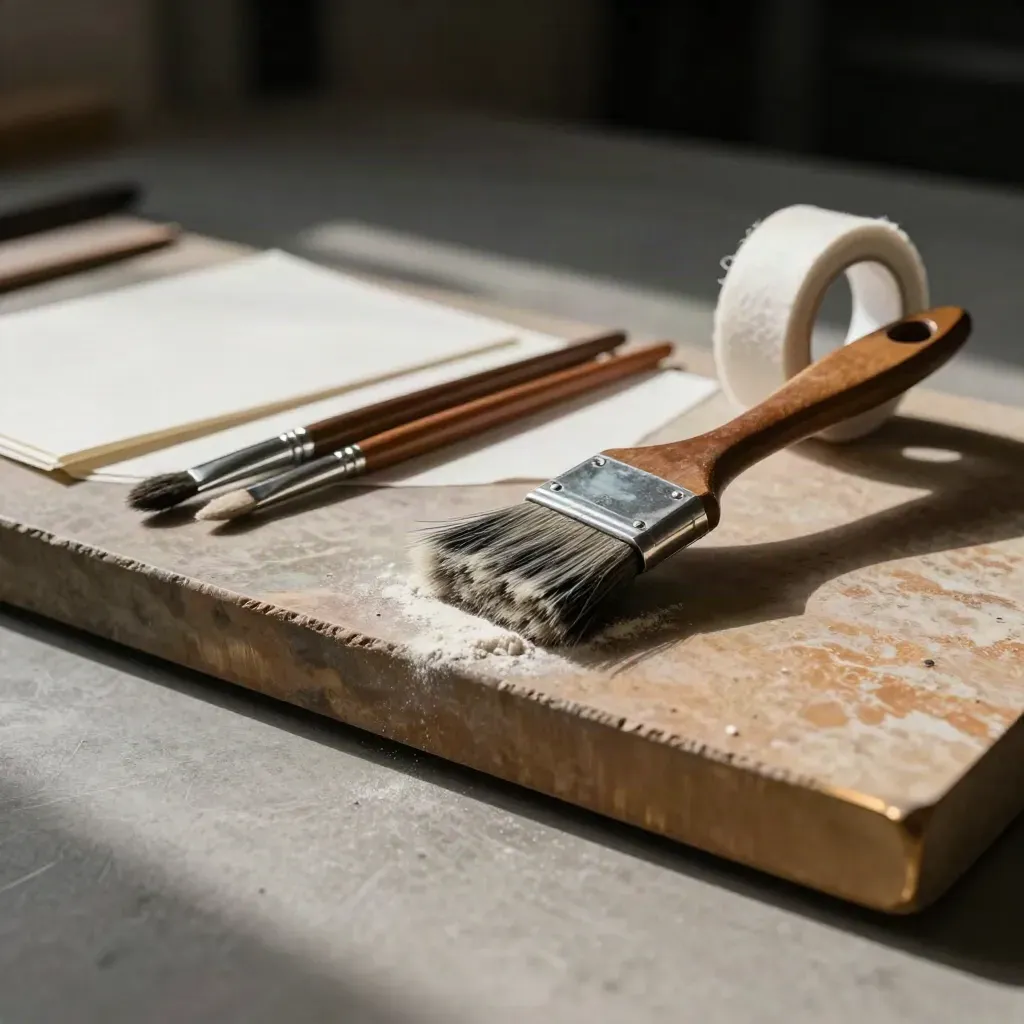 Conservation gloves, brushes, acid-free boards and cotton tape on a warm stone slab.