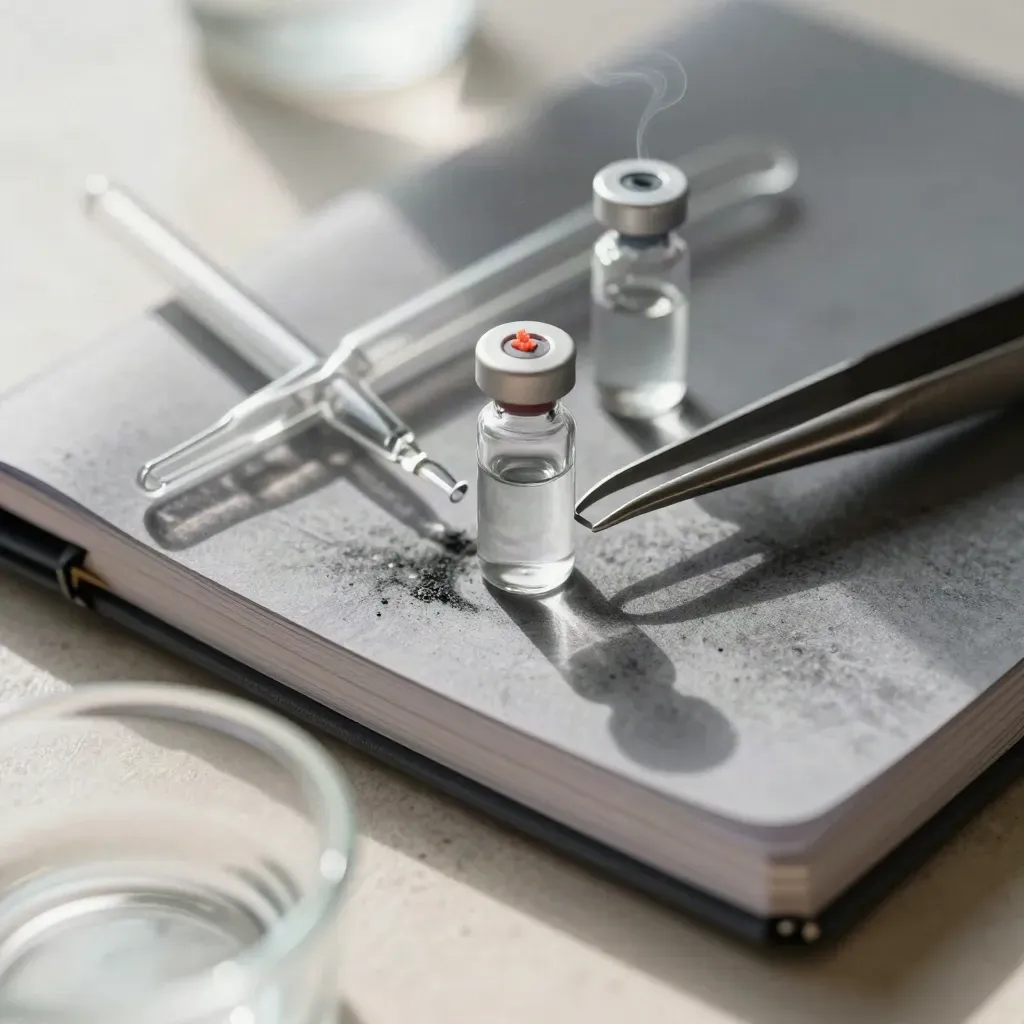 Macro still life of lab notebook, pipettes, vials and tweezers seen through frosted glass