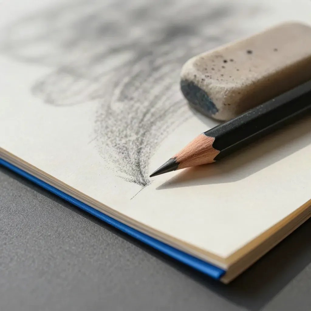 Macro of a graphite pencil, kneaded eraser and tracing paper with a fresh stroke