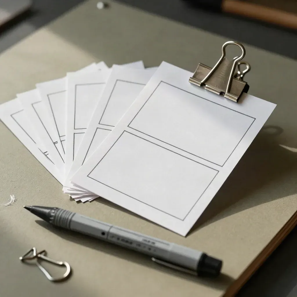 Storyboard cards clipped together with a grease pencil on a matte paper surface.