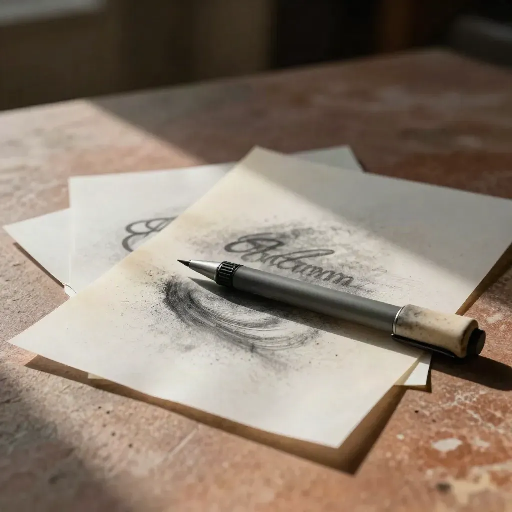 Tracing paper overlays, pen and eraser on a stone surface, macro still life.