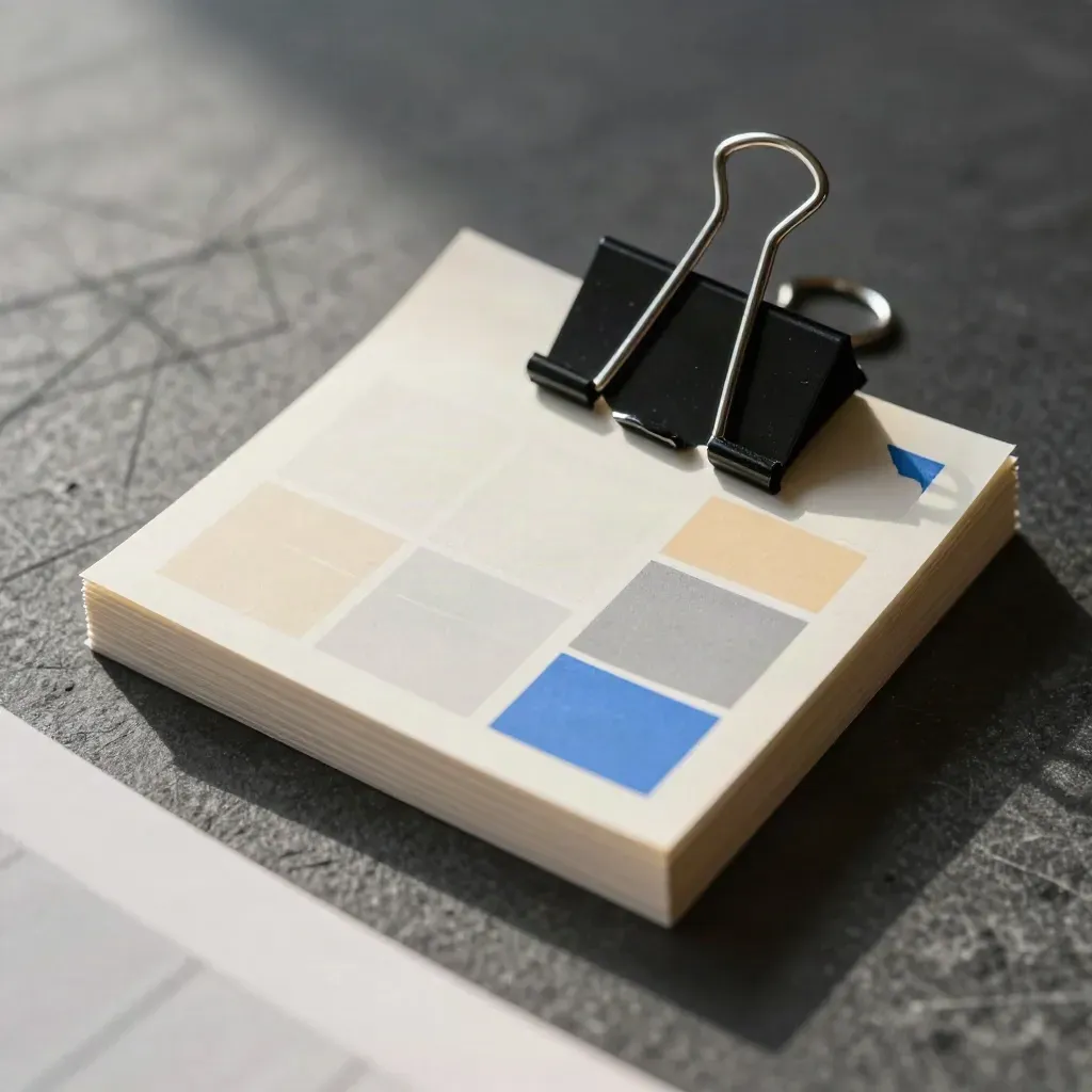Mockup boards, adhesive note backs, swatch chips and a binder clip on stone