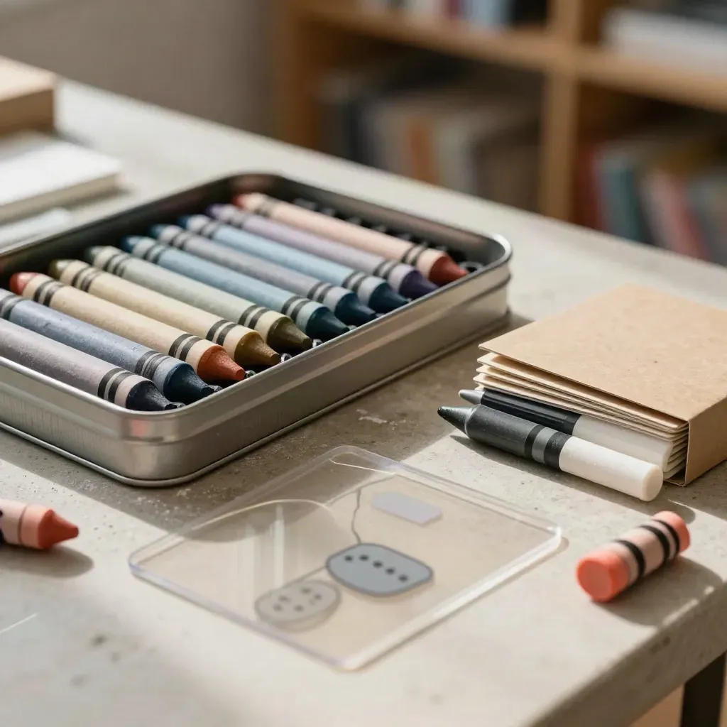 Macro still life of sorted crayons, flashcards and poster pens with chalk dust and acetate.