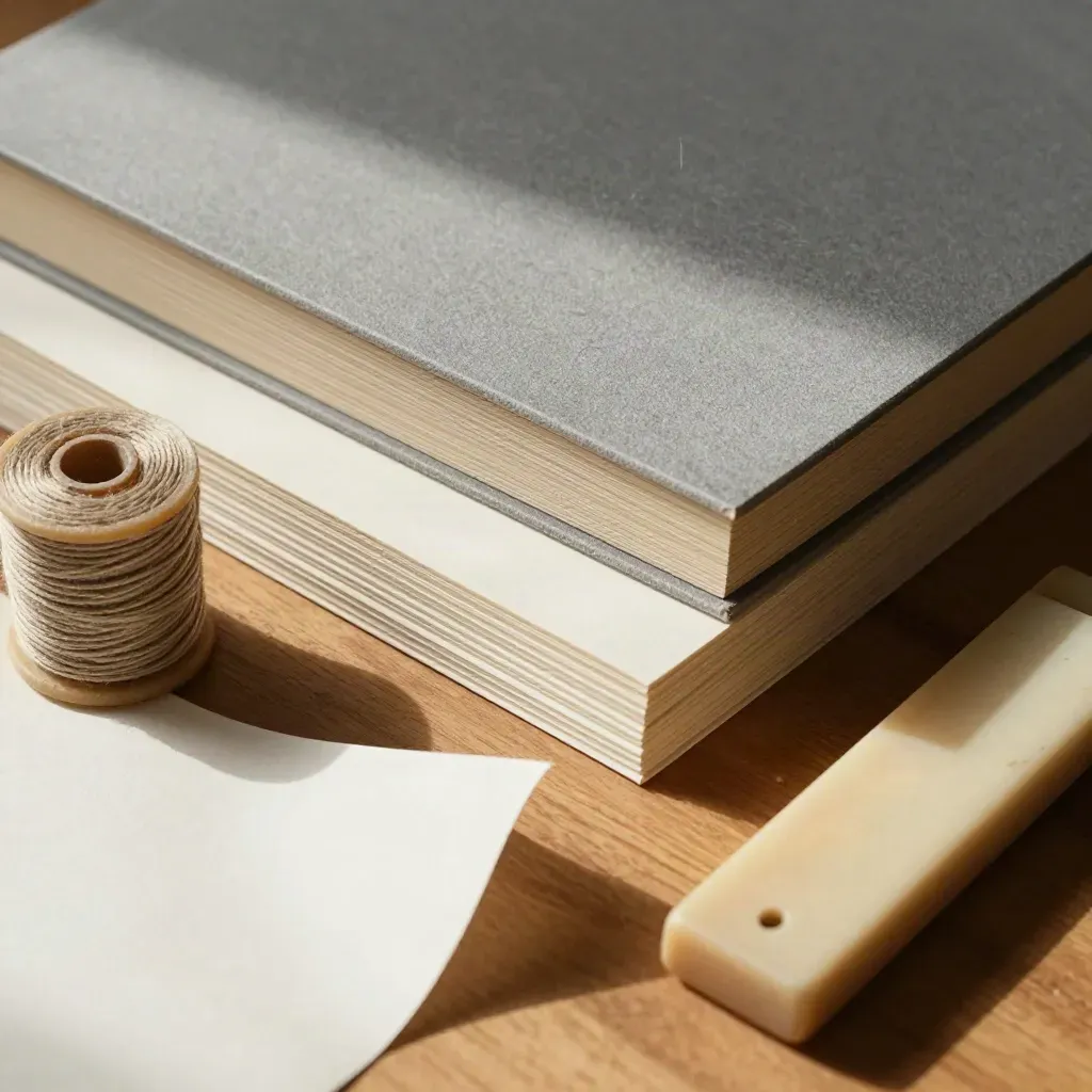 Overhead bookbinding tools and paper signatures on a wooden work surface