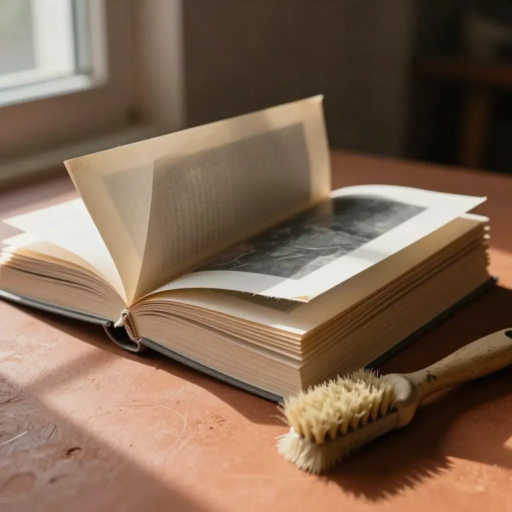 Folded proof pages, page weight, linen tape spool and brush on terracotta work surface in soft daylight