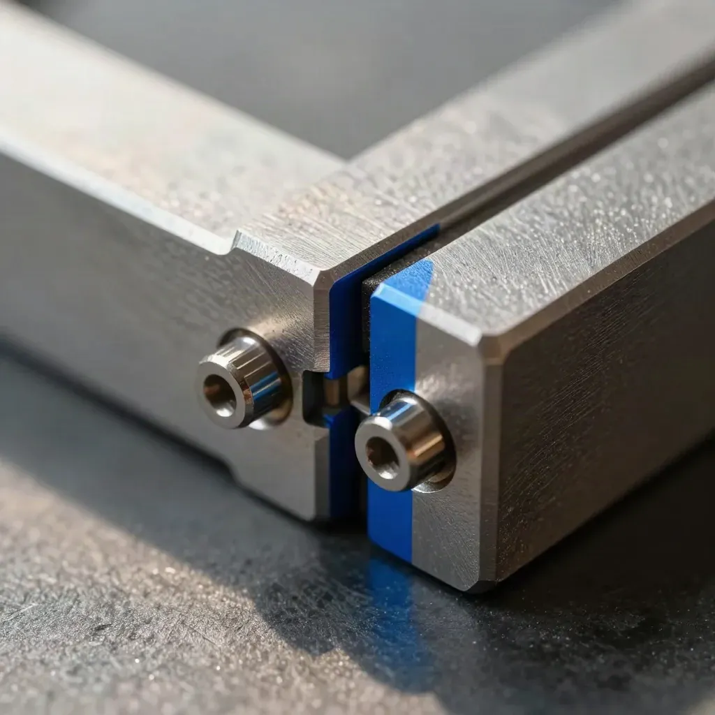 Macro of aluminium connector blocks joined by a dovetail with cobalt-blue accent