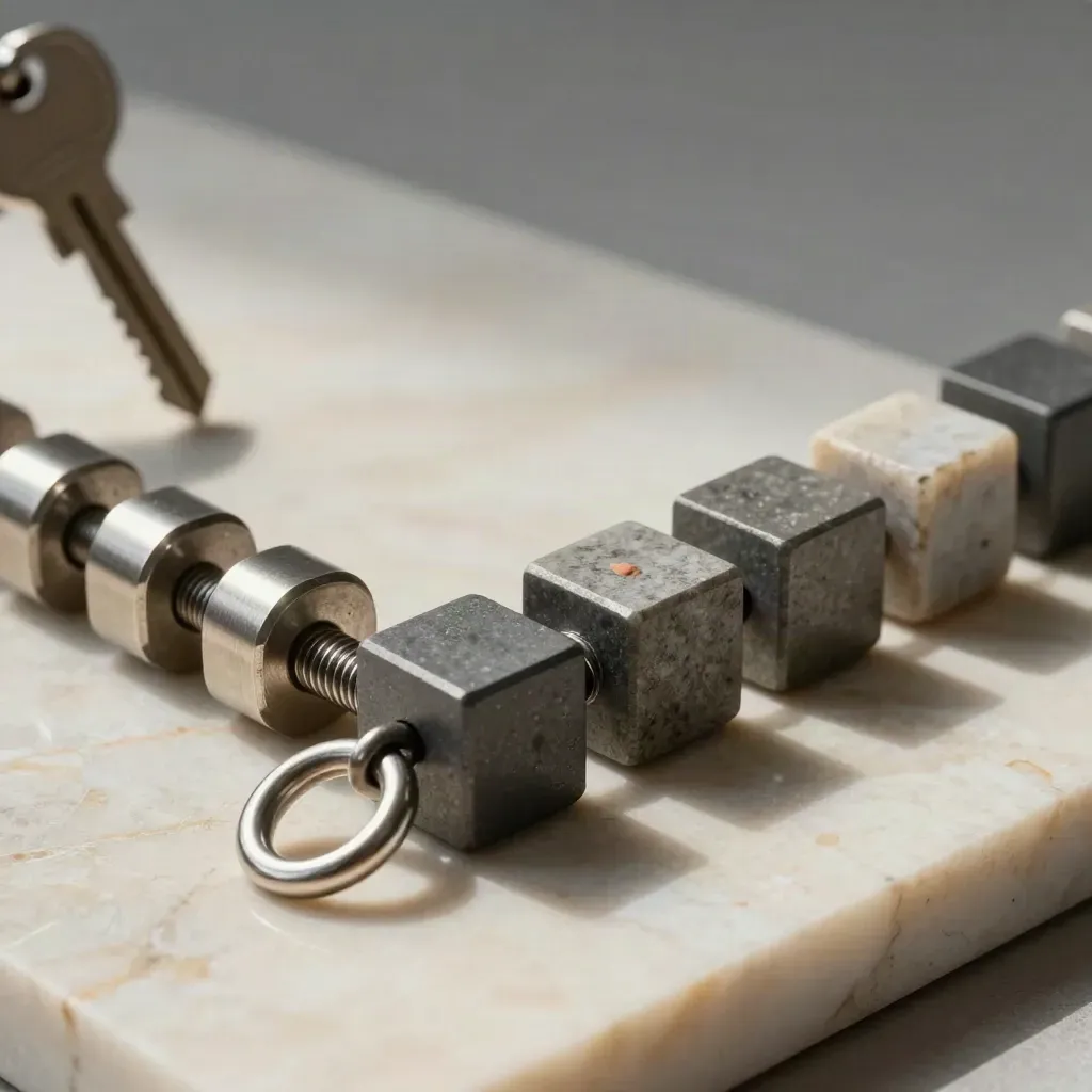 Steel rings, spring clip and graphite cubes linked on limestone under dramatic studio light.