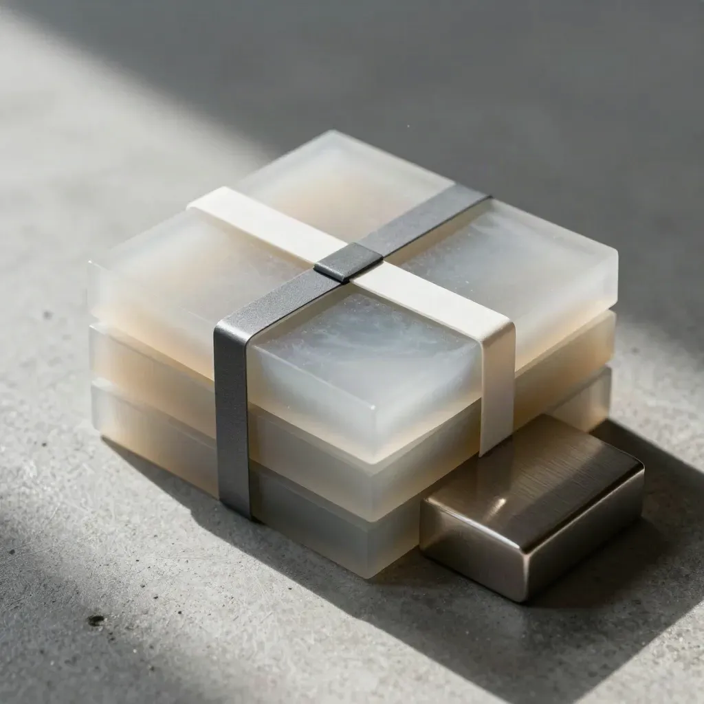 Top-down resin note blocks, magnetic tabs and a metal paperweight on concrete.