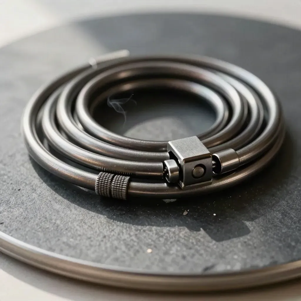 Graphite metal rings, couplers and a hinge locked together on dark basalt in soft daylight.