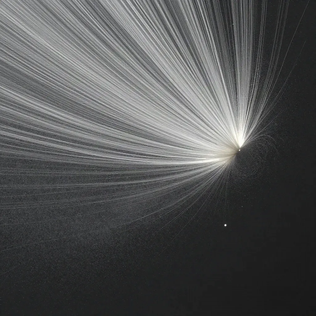 Silver filaments converge into a soft white bloom in deep graphite haze.